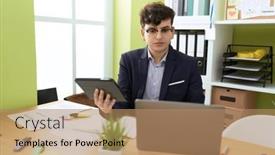  Presentation with non binary - Slide deck with non-binary-man-business-worker background and a coral colored foreground