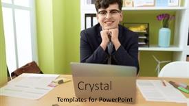  Presentation with non binary - Presentation design having non-binary-man-business-worker background and a coral colored foreground