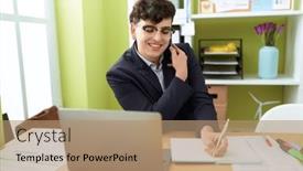  Presentation with non binary - Presentation design with non-binary-man-business-worker background and a coral colored foreground