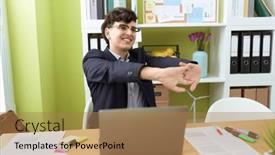  Presentation with non binary - PPT theme with non-binary-man-business-worker background and a coral colored foreground