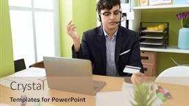  Presentation with non binary - Presentation design with non-binary-man-call-center background and a coral colored foreground