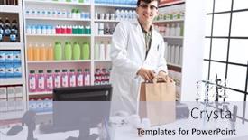  Presentation with non binary - Presentation design enhanced with non-binary-man-pharmacist-putting background and a light blue colored foreground