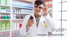  Presentation with medication - Slides having non-binary-man-pharmacist-smiling background and a sky blue colored foreground