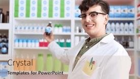  Presentation with medication - Presentation design featuring non-binary-man-pharmacist-smiling background and a soft green colored foreground