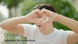  Presentation with hands heart - Slide deck having non-binary-man-smiling-confident background and a coral colored foreground