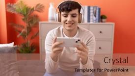  Presentation with video game - Presentation enhanced with non-binary-man-smiling-confident background and a coral colored foreground