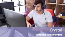  Presentation with computer room - Presentation enhanced with non-binary-man-streamer-playing background and a light blue colored foreground