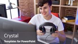  Presentation with gaming - PPT theme having non-binary-man-streamer-sitting background and a gray colored foreground