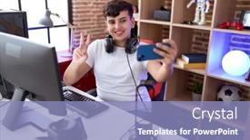  Presentation with gaming - Presentation design featuring non-binary-man-streamer-smiling background and a light blue colored foreground