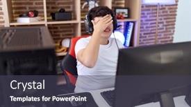  Presentation with computer room - PPT theme having non-binary-man-streamer-stressed background and a tawny brown colored foreground