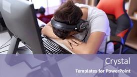  Presentation with computer room - Slides having non-binary-man-streamer-stressed background and a coral colored foreground