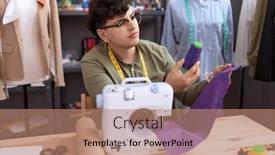  Presentation with thread - Presentation design having non-binary-man-tailor-holding background and a coral colored foreground