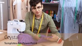  Presentation with thread - Presentation featuring non-binary-man-tailor-holding background and a coral colored foreground