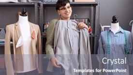  Presentation with non binary - Presentation theme with non-binary-man-tailor-smiling background and a gray colored foreground