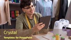  Presentation with non binary - Slide deck enhanced with non-binary-man-tailor-smiling background and a tawny brown colored foreground