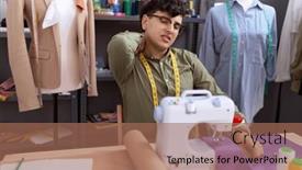  Presentation with sewing machine - PPT theme enhanced with non-binary-man-tailor-stressed background and a coral colored foreground