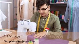  Presentation with sewing machine - Slides enhanced with non-binary-man-tailor-using background and a coral colored foreground