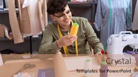  Presentation with thread - Slide deck having non-binary-man-tailor-writing background and a coral colored foreground