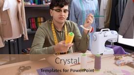  Presentation with thread - Slides with non-binary-man-tailor-writing background and a coral colored foreground