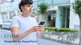  Presentation with non binary - Slide deck having non-binary-man-using-smartphone background and a light blue colored foreground