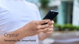  Presentation with non binary - Presentation theme featuring non-binary-man-using-smartphone background and a coral colored foreground