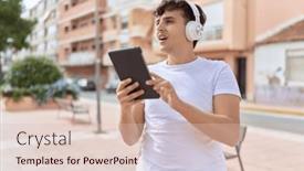  Presentation with non binary - Slide deck enhanced with non-binary-man-using-touchpad background and a lemonade colored foreground