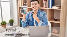  Presentation with non binary - Presentation theme having non-binary-person-calculating-money background and a light gray colored foreground