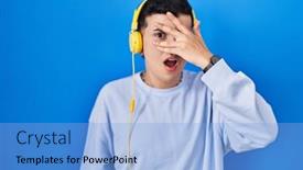  Presentation with person listening - PPT theme enhanced with non-binary-person-listening background and a light blue colored foreground