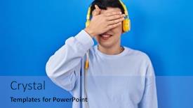  Presentation with person listening - Presentation design with non-binary-person-listening background and a light blue colored foreground