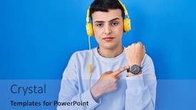  Presentation with person listening - PPT layouts with non-binary-person-listening background and a light blue colored foreground