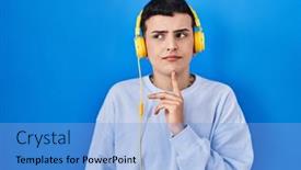  Presentation with person listening - Slide deck with non-binary-person-listening background and a light blue colored foreground