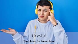  Presentation with person listening - PPT theme consisting of non-binary-person-listening background and a light blue colored foreground