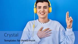  Presentation with person listening - Slide set consisting of non-binary-person-listening background and a light blue colored foreground