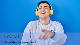  Presentation with person listening - PPT theme consisting of non-binary-person-listening background and a light blue colored foreground