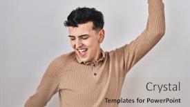  Presentation with person listening - Presentation design enhanced with non-binary-person-standing-over background and a coral colored foreground