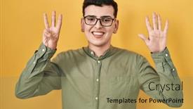  Presentation with eight - Presentation design consisting of non-binary-person-standing-over background and a coral colored foreground