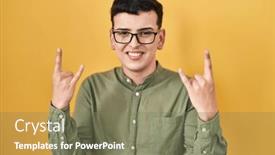  Presentation with yellow music - PPT theme featuring non-binary-person-standing-over background and a violet colored foreground