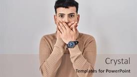  Presentation with secret - PPT theme with non-binary-person-standing-over background and a coral colored foreground