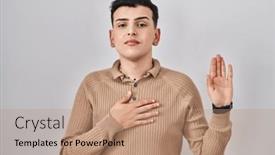  Presentation with non binary - Slides enhanced with non-binary-person-standing-over background and a coral colored foreground