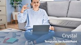  Presentation with non binary - PPT theme with non-binary-person-studying-using background and a ocean colored foreground