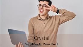  Presentation with non binary - Presentation design consisting of non-binary-person-using-computer background and a coral colored foreground