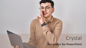  Presentation with non binary - Presentation theme featuring non-binary-person-using-computer background and a coral colored foreground