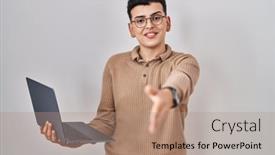  Presentation with non binary - Slide set having non-binary-person-using-computer background and a coral colored foreground