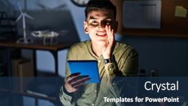  Presentation with non binary - Slide set with non-binary-person-using-touchpad background and a ocean colored foreground