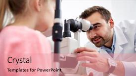  Presentation with prosthetic eye - Cool new presentation design with non specialist - optician with tonometer and patient backdrop and a  colored foreground