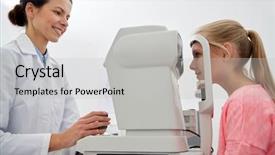  Presentation with eye - Colorful slides enhanced with non specialist - optician with tonometer and patient backdrop and a light gray colored foreground