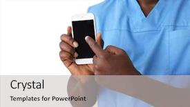  Presentation with children doctor african - Beautiful slide deck featuring non specialist - professional african doctor with cellphone backdrop and a  colored foreground