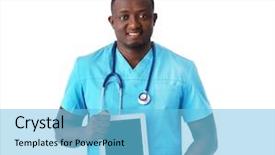  Presentation with doctor african - Audience pleasing PPT theme consisting of non specialist - professional african doctor with tablet backdrop and a  colored foreground