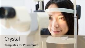  Presentation with eye sight - PPT theme enhanced with non specialist - woman doing eye sight test background and a coral colored foreground