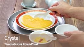  Presentation with gourmet sweet dessert bakery food - Audience pleasing theme consisting of non sticking egg yolk custard backdrop and a  colored foreground